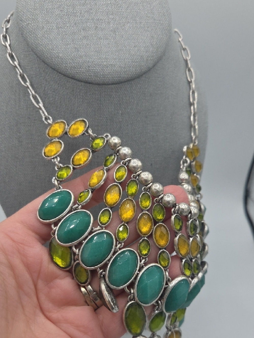 5 for $25! Lucky Brand Turquoise, Olive & Mustard Statement Bib Necklace - Picture 3 of 4